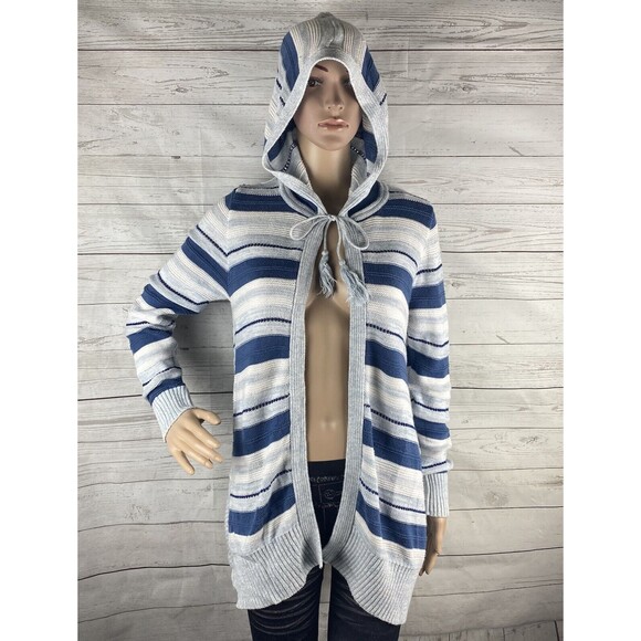 89th & Madison Hooded Sweater Medium Blue Stripe Thin Knit Cotton Blend Cardigan - Picture 1 of 12